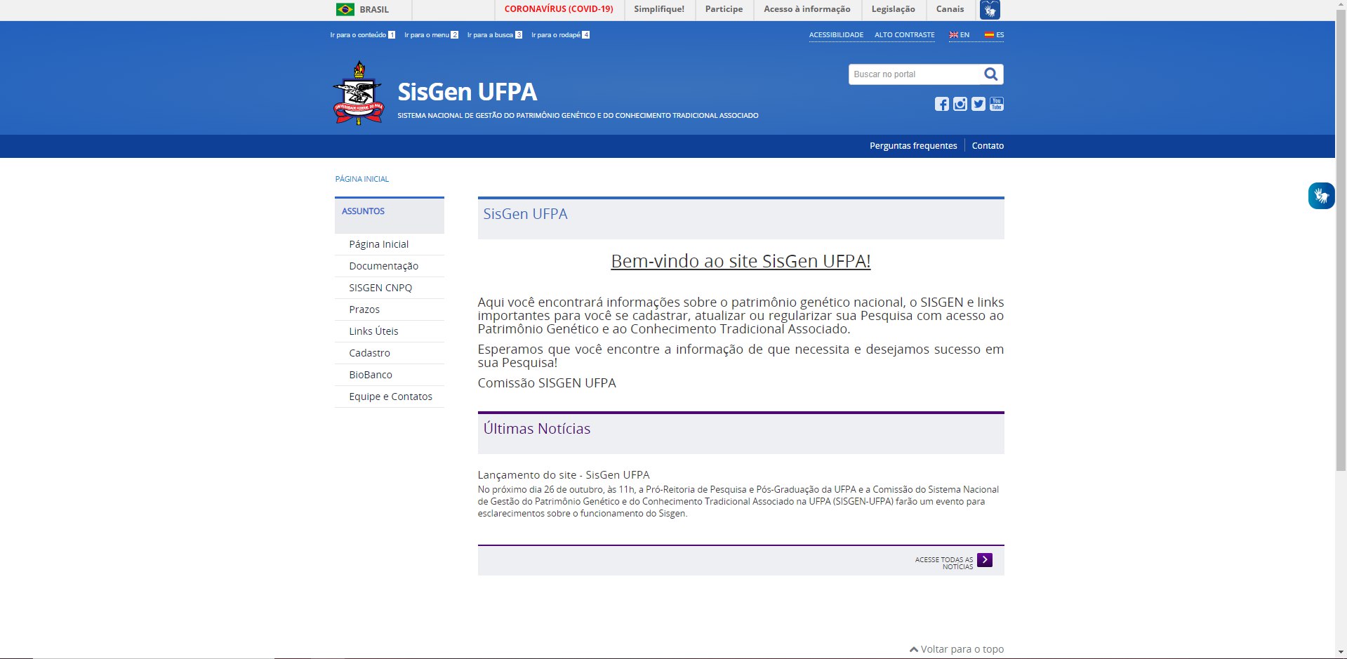 Página Inicial do Site Sisgen UFPA